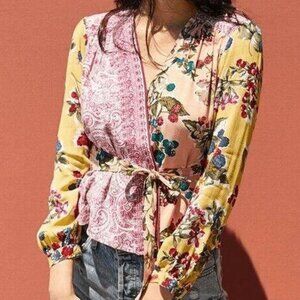 Anthropologie Meadow Rue Yellow Berry Floral Paisley Print Wrap Blouse